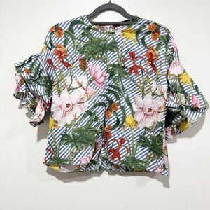 Zara Trumpet Sleeve Top Floral Botanical Ruffle Blue White Women Blouse